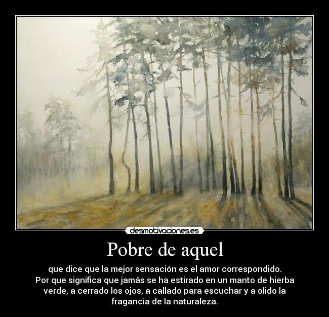 Pobre de aquel - que dice que la mejor sensación es el amor correspondido.
Por que significa que jamás se ha estirado en un manto de hierba
verde, a cerrado los ojos, a callado para escuchar y a olido la
fragancia de la naturaleza.