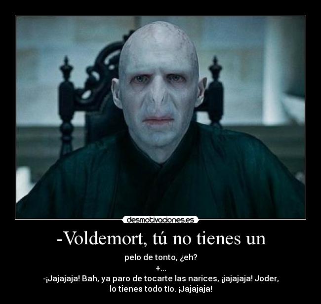 -Voldemort, tú no tienes un - pelo de tonto, ¿eh?
+...
-¡Jajajaja! Bah, ya paro de tocarte las narices, ¡jajajaja! Joder,
lo tienes todo tío. ¡Jajajaja!