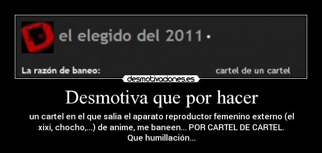 Desmotiva que por hacer - un cartel en el que salia el aparato reproductor femenino externo (el
xixi, chocho,...) de anime, me baneen... POR CARTEL DE CARTEL.
Que humillación...