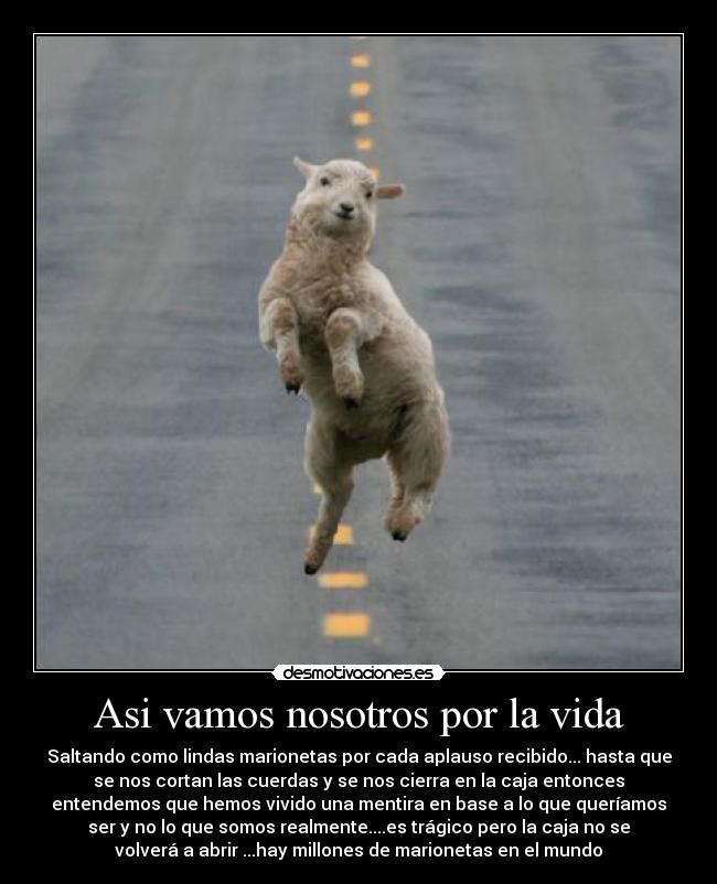Asi vamos nosotros por la vida - Saltando como lindas marionetas por cada aplauso recibido... hasta que
se nos cortan las cuerdas y se nos cierra en la caja entonces
entendemos que hemos vivido una mentira en base a lo que queríamos
ser y no lo que somos realmente....es trágico pero la caja no se
volverá a abrir ...hay millones de marionetas en el mundo