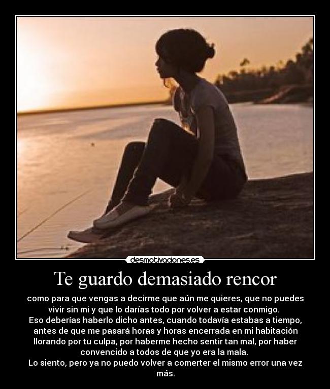 Te guardo demasiado rencor - como para que vengas a decirme que aún me quieres, que no puedes
vivir sin mi y que lo darías todo por volver a estar conmigo. 
Eso deberías haberlo dicho antes, cuando todavía estabas a tiempo,
antes de que me pasará horas y horas encerrada en mi habitación
llorando por tu culpa, por haberme hecho sentir tan mal, por haber
convencido a todos de que yo era la mala. 
Lo siento, pero ya no puedo volver a comerter el mismo error una vez
más.