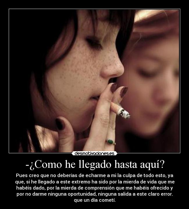-¿Como he llegado hasta aquí? - Pues creo que no deberías de echarme a mi la culpa de todo esto, ya
que, si he llegado a este extremo ha sido por la mierda de vida que me
habéis dado, por la mierda de comprensión que me habéis ofrecido y
por no darme ninguna oportunidad, ninguna salida a este claro error.
que un día cometí.