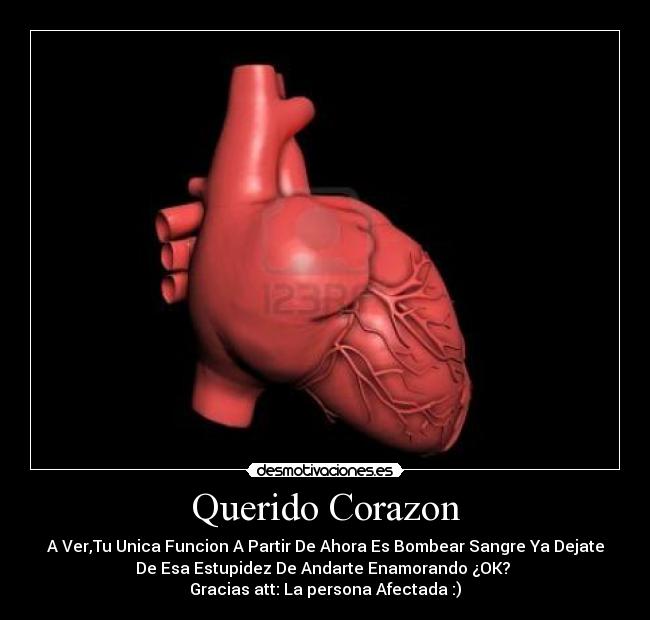 Querido Corazon - A Ver,Tu Unica Funcion A Partir De Ahora Es Bombear Sangre Ya Dejate
De Esa Estupidez De Andarte Enamorando ¿OK?
Gracias att: La persona Afectada :)