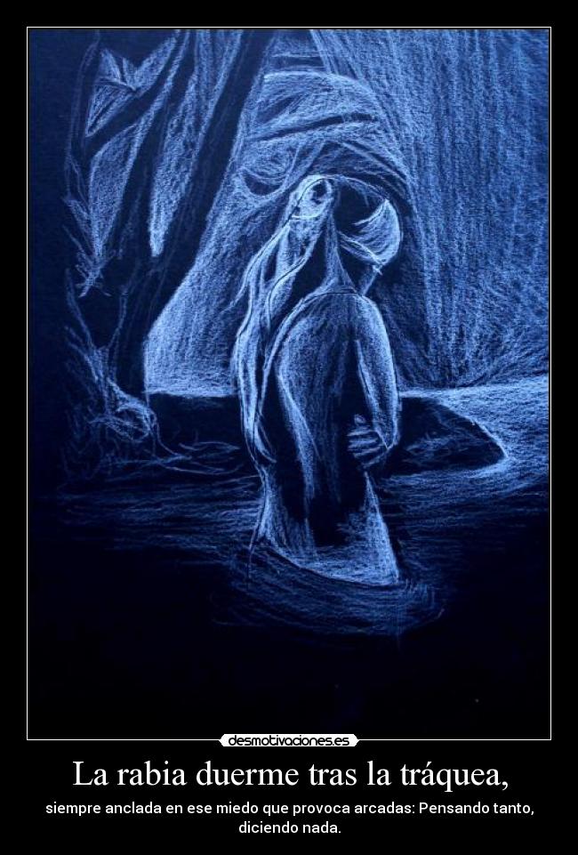 La rabia duerme tras la tráquea, - siempre anclada en ese miedo que provoca arcadas: Pensando tanto, diciendo nada.