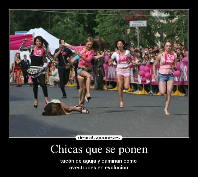 Chicas que se ponen - tacón de aguja y caminan como 
avestruces en evolución.