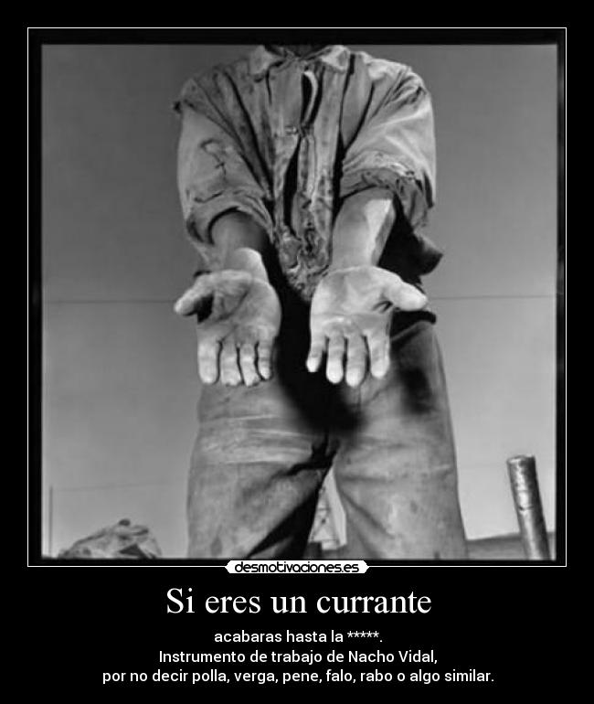 Si eres un currante - acabaras hasta la *****.
Instrumento de trabajo de Nacho Vidal,
por no decir polla, verga, pene, falo, rabo o algo similar.