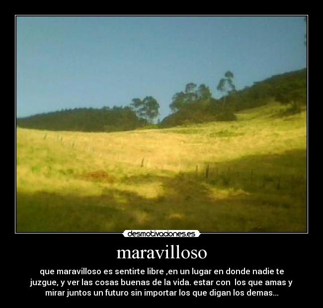 maravilloso - que maravilloso es sentirte libre ,en un lugar en donde nadie te
juzgue, y ver las cosas buenas de la vida. estar con los que amas y
mirar juntos un futuro sin importar los que digan los demas...