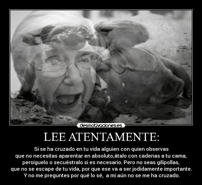 LEE ATENTAMENTE: - Si se ha cruzado en tu vida alguien con quien observas
que no necesitas aparentar en absoluto,átalo con cadenas a tu cama,
persíguelo o secuéstralo si es necesario. Pero no seas gilipollas,
que no se escape de tu vida, por que ese va a ser jodidamente importante.
Y no me preguntes por qué lo sé, a mí aún no se me ha cruzado.
