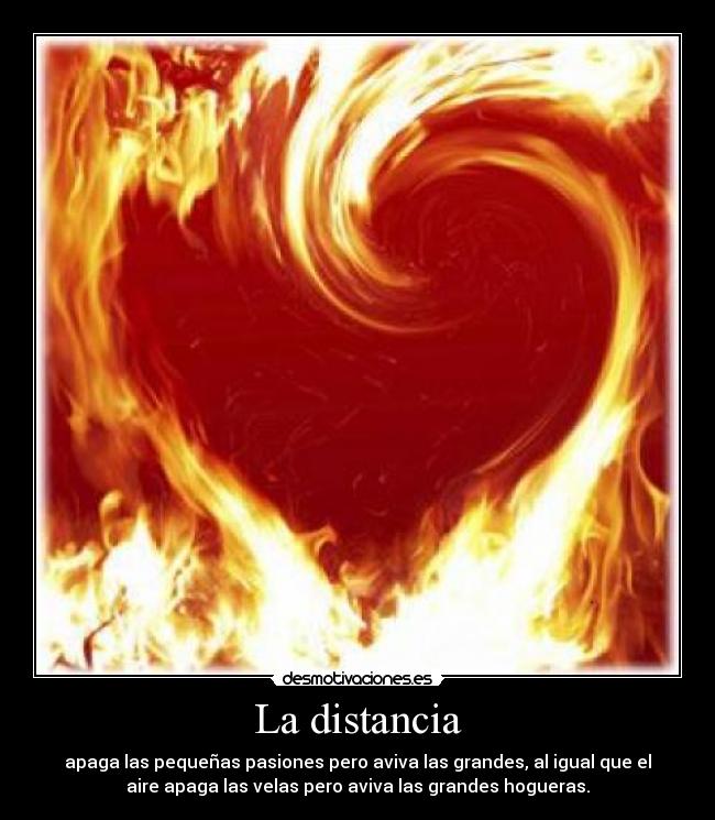 La distancia - apaga las pequeñas pasiones pero aviva las grandes, al igual que el
aire apaga las velas pero aviva las grandes hogueras.