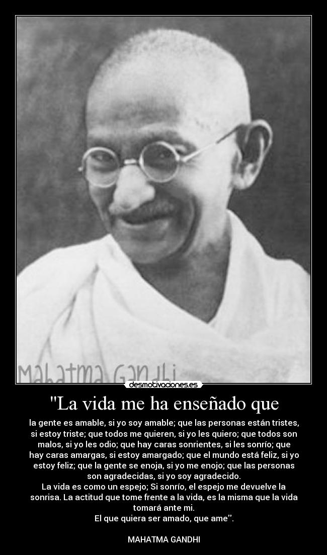 La vida me ha enseñado que - la gente es amable, si yo soy amable; que las personas están tristes,
si estoy triste; que todos me quieren, si yo les quiero; que todos son
malos, si yo les odio; que hay caras sonrientes, si les sonrío; que
hay caras amargas, si estoy amargado; que el mundo está feliz, si yo
estoy feliz; que la gente se enoja, si yo me enojo; que las personas
son agradecidas, si yo soy agradecido.
La vida es como un espejo; Si sonrío, el espejo me devuelve la
sonrisa. La actitud que tome frente a la vida, es la misma que la vida
tomará ante mi.
El que quiera ser amado, que ame.

MAHATMA GANDHI