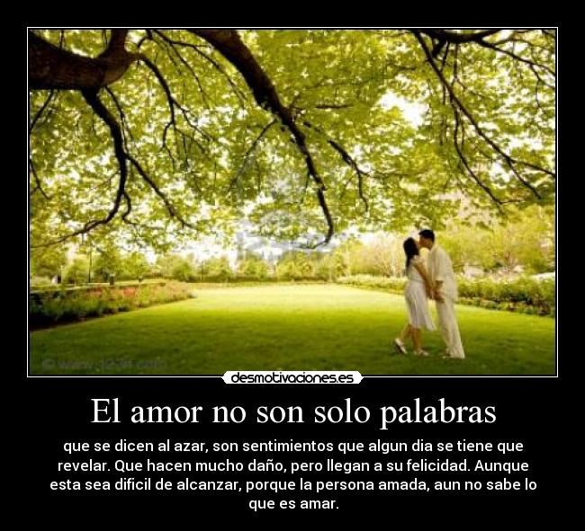 El amor no son solo palabras - que se dicen al azar, son sentimientos que algun dia se tiene que
revelar. Que hacen mucho daño, pero llegan a su felicidad. Aunque
esta sea dificil de alcanzar, porque la persona amada, aun no sabe lo
que es amar.