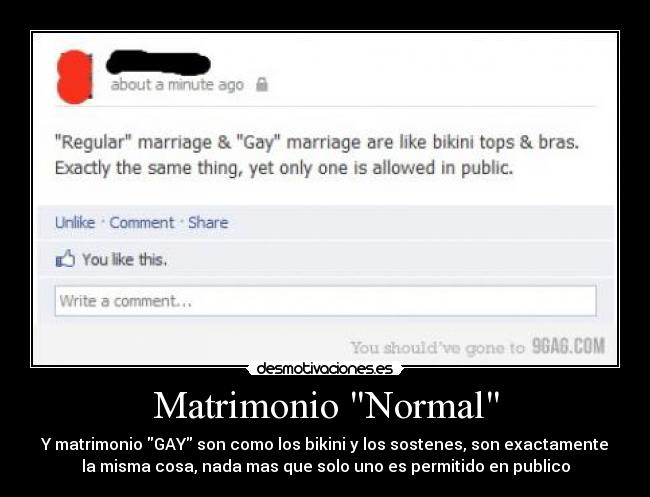 Matrimonio Normal - Y matrimonio GAY son como los bikini y los sostenes, son exactamente
la misma cosa, nada mas que solo uno es permitido en publico