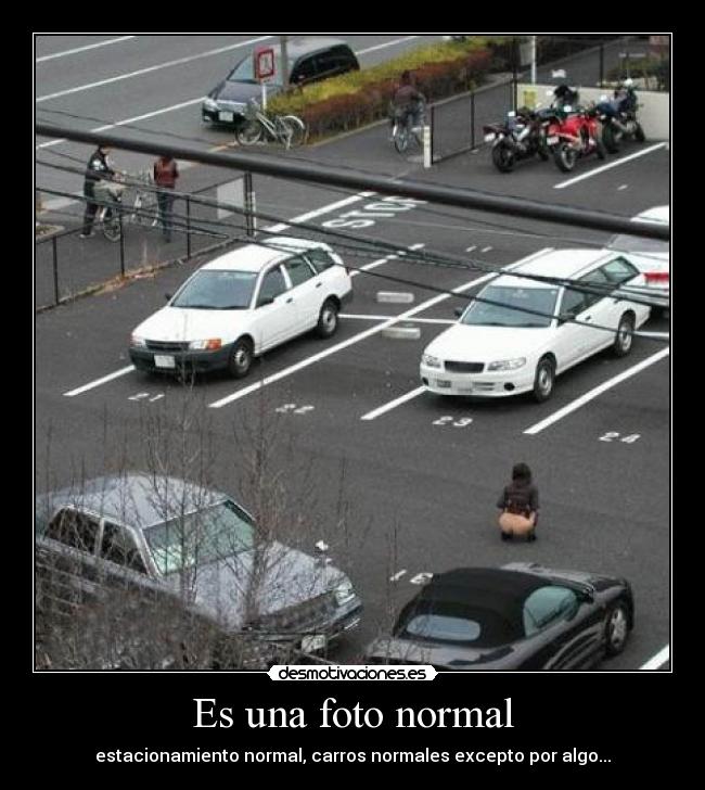 Es una foto normal - estacionamiento normal, carros normales excepto por algo...