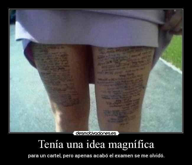 Tenía una idea magnífica - para un cartel, pero apenas acabó el examen se me olvidó.