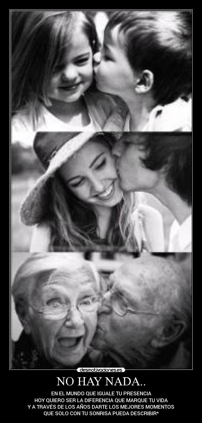 NO HAY NADA.. - EN EL MUNDO QUE IGUALE TU PRESENCIA
HOY QUIERO SER LA DIFERENCIA QUE MARQUE TU VIDA
Y A TRAVÉS DE LOS AÑOS DARTE LOS MEJORES MOMENTOS
QUE SOLO CON TU SONRISA PUEDA DESCRIBIR*