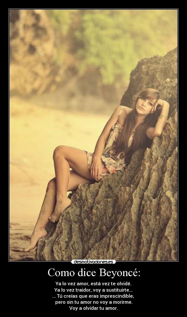 Como dice Beyoncé: - Ya lo vez amor, está vez te olvidé.
Ya lo vez traidor, voy a sustituirte...
... Tú creías que eras imprescindible,
pero sin tu amor no voy a morirme.
Voy a olvidar tu amor.
