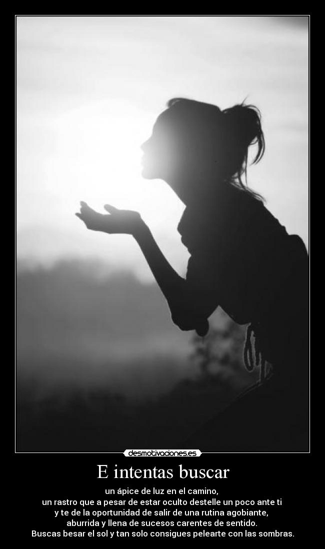E intentas buscar - un ápice de luz en el camino, 
un rastro que a pesar de estar oculto destelle un poco ante ti 
y te de la oportunidad de salir de una rutina agobiante, 
aburrida y llena de sucesos carentes de sentido. 
Buscas besar el sol y tan solo consigues pelearte con las sombras.