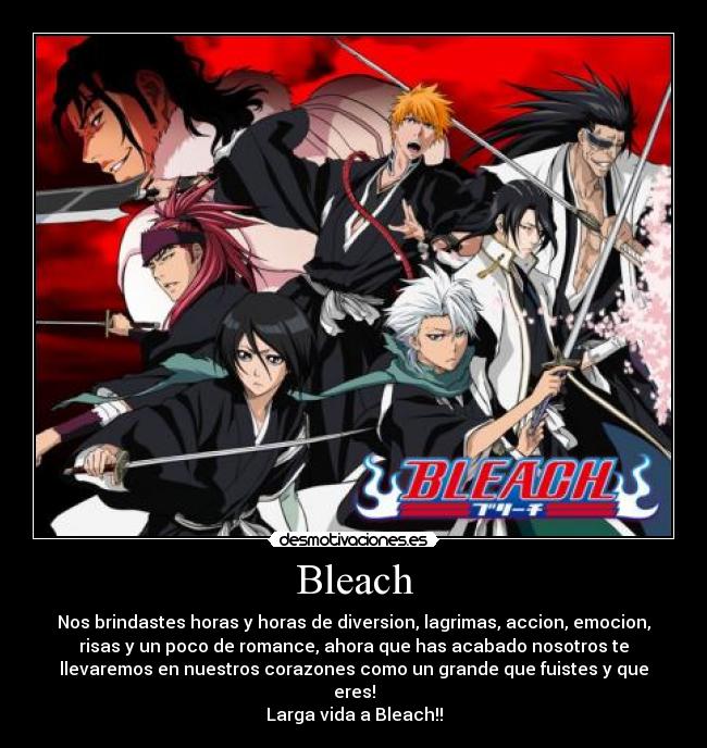 Bleach - Nos brindastes horas y horas de diversion, lagrimas, accion, emocion,
risas y un poco de romance, ahora que has acabado nosotros te
llevaremos en nuestros corazones como un grande que fuistes y que
eres!
Larga vida a Bleach!!