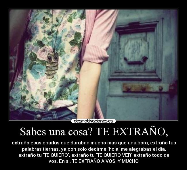Sabes una cosa? TE EXTRAÑO, - extraño esas charlas que duraban mucho mas que una hora, extraño tus
palabras tiernas, ya con solo decirme hola me alegrabas el día,
extraño tu TE QUIERO, extraño tu TE QUIERO VER extraño todo de
vos. En si, TE EXTRAÑO A VOS, Y MUCHO