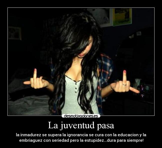 La juventud pasa - la inmadurez se supera la ignorancia se cura con la educacion y la
embriaguez con seriedad pero la estupidez...dura para siempre!