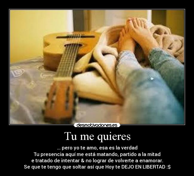 Tu me quieres - ... pero yo te amo, esa es la verdad
Tu presencia aquí me está matando, partido a la mitad
e tratado de intentar & no lograr de volverte a enamorar.
Se que te tengo que soltar así que Hoy te DEJO EN LIBERTAD :$