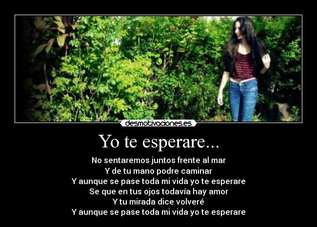 Yo te esperare... - No sentaremos juntos frente al mar
Y de tu mano podre caminar
Y aunque se pase toda mi vida yo te esperare
Se que en tus ojos todavía hay amor
Y tu mirada dice volveré
Y aunque se pase toda mi vida yo te esperare