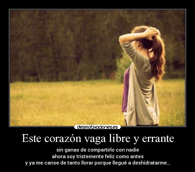 Este corazón vaga libre y errante - sin ganas de compartirlo con nadie
ahora soy tristemente feliz como antes
y ya me canse de tanto llorar porque llegué a deshidratarme...