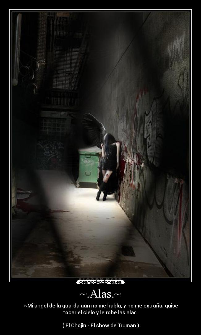 ~.Alas.~ - ~Mi ángel de la guarda aún no me habla, y no me extraña, quise
tocar el cielo y le robe las alas.
( El Chojin - El show de Truman )