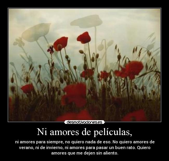 Ni amores de películas, - ni amores para siempre, no quiero nada de eso. No quiero amores de
verano, ni de invierno, ni amores para pasar un buen rato. Quiero
amores que me dejen sin aliento.