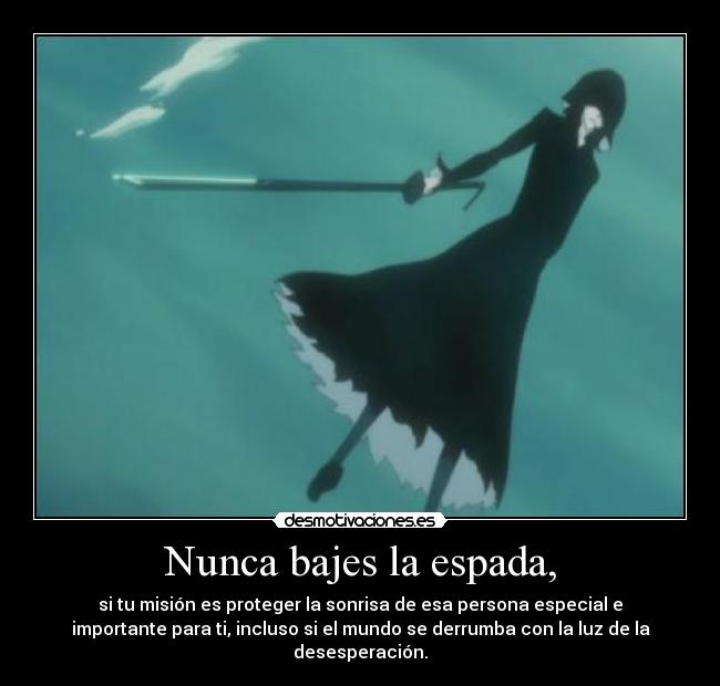 Nunca bajes la espada, - si tu misión es proteger la sonrisa de esa persona especial e
importante para ti, incluso si el mundo se derrumba con la luz de la
desesperación.