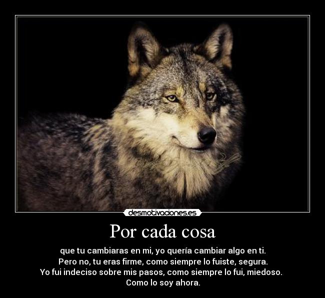 Por cada cosa - que tu cambiaras en mi, yo quería cambiar algo en ti.
Pero no, tu eras firme, como siempre lo fuiste, segura.
Yo fui indeciso sobre mis pasos, como siempre lo fui, miedoso.
Como lo soy ahora.