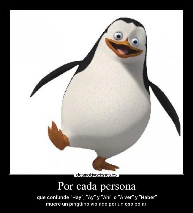 Por cada persona - que confunde Hay, Ay y Ahí o A ver y Haber
muere un pingüino violado por un oso polar.