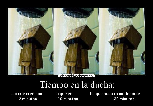 Tiempo en la ducha: - Lo que creemos:            Lo que es:                  Lo que nuestra madre cree:
2 minutos                      10 minutos                                      30 minutos