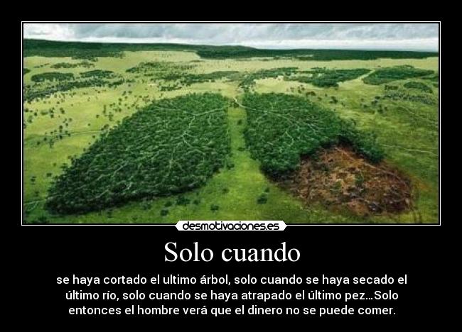 Solo cuando - se haya cortado el ultimo árbol, solo cuando se haya secado el
último río, solo cuando se haya atrapado el último pez…Solo
entonces el hombre verá que el dinero no se puede comer.