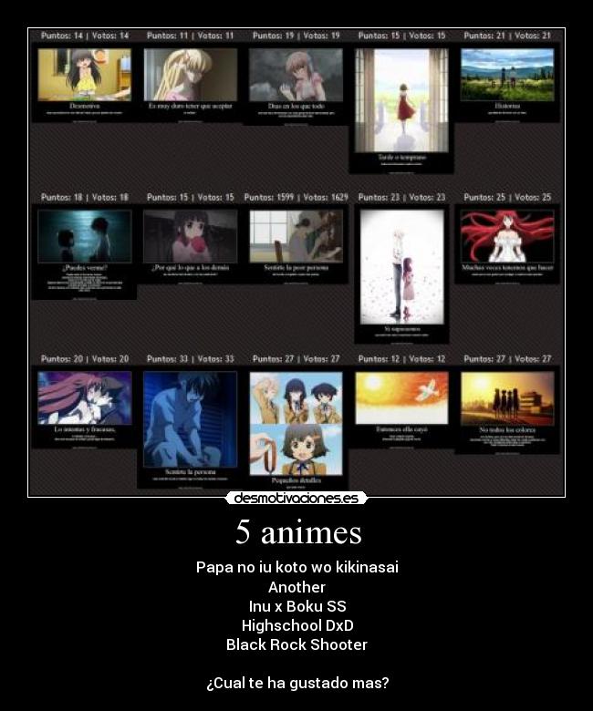 5 animes - Papa no iu koto wo kikinasai
Another
Inu x Boku SS
Highschool DxD
Black Rock Shooter

¿Cual te ha gustado mas?