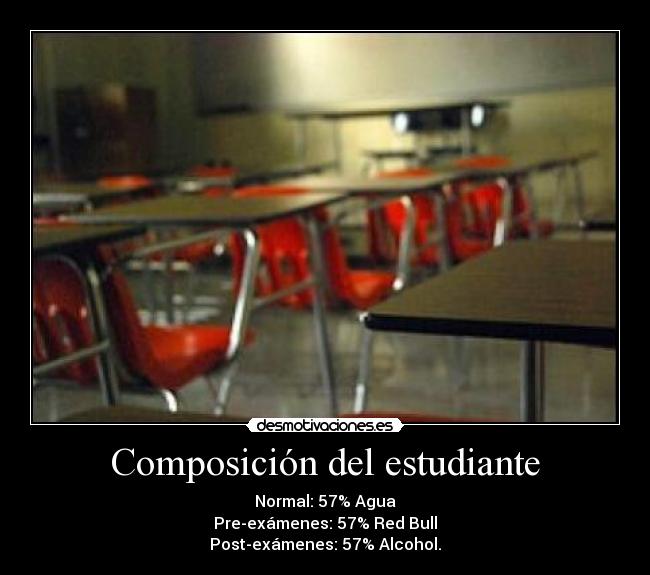 Composición del estudiante - Normal: 57% Agua
Pre-exámenes: 57% Red Bull
Post-exámenes: 57% Alcohol.