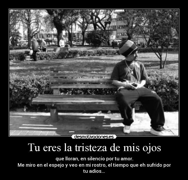 Tu eres la tristeza de mis ojos - que lloran, en silencio por tu amor.
Me miro en el espejo y veo en mi rostro, el tiempo que eh sufrido por tu adios...
