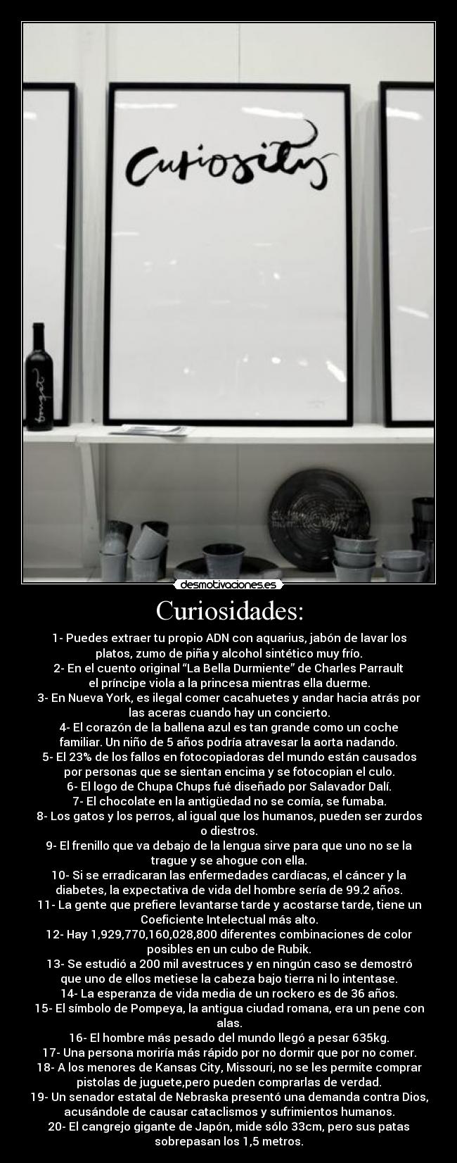 Curiosidades: - 1- Puedes extraer tu propio ADN con aquarius, jabón de lavar los
platos, zumo de piña y alcohol sintético muy frío.
2- En el cuento original “La Bella Durmiente” de Charles Parrault
el príncipe viola a la princesa mientras ella duerme.
3- En Nueva York, es ilegal comer cacahuetes y andar hacia atrás por
las aceras cuando hay un concierto.
4- El corazón de la ballena azul es tan grande como un coche
familiar. Un niño de 5 años podría atravesar la aorta nadando.
5- El 23% de los fallos en fotocopiadoras del mundo están causados
por personas que se sientan encima y se fotocopian el culo.
6- El logo de Chupa Chups fué diseñado por Salavador Dalí.
7- El chocolate en la antigüedad no se comía, se fumaba.
8- Los gatos y los perros, al igual que los humanos, pueden ser zurdos
o diestros.
9- El frenillo que va debajo de la lengua sirve para que uno no se la
trague y se ahogue con ella.
10- Si se erradicaran las enfermedades cardíacas, el cáncer y la
diabetes, la expectativa de vida del hombre sería de 99.2 años.
11- La gente que prefiere levantarse tarde y acostarse tarde, tiene un
Coeficiente Intelectual más alto.
12- Hay 1,929,770,160,028,800 diferentes combinaciones de color
posibles en un cubo de Rubik.
13- Se estudió a 200 mil avestruces y en ningún caso se demostró
que uno de ellos metiese la cabeza bajo tierra ni lo intentase.
14- La esperanza de vida media de un rockero es de 36 años.
15- El símbolo de Pompeya, la antigua ciudad romana, era un pene con
alas.
16- El hombre más pesado del mundo llegó a pesar 635kg.
17- Una persona moriría más rápido por no dormir que por no comer.
18- A los menores de Kansas City, Missouri, no se les permite comprar
pistolas de juguete,pero pueden comprarlas de verdad.
19- Un senador estatal de Nebraska presentó una demanda contra Dios,
acusándole de causar cataclismos y sufrimientos humanos.
20- El cangrejo gigante de Japón, mide sólo 33cm, pero sus patas
sobrepasan los 1,5 metros.