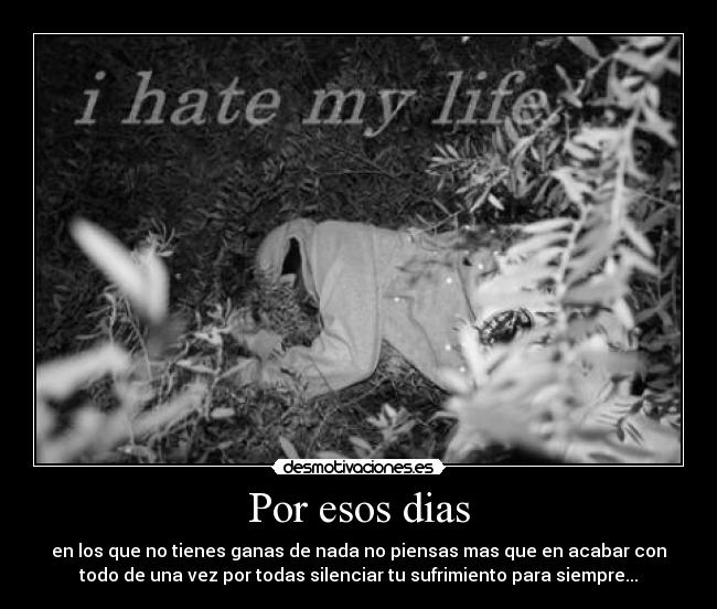 Por esos dias - en los que no tienes ganas de nada no piensas mas que en acabar con
todo de una vez por todas silenciar tu sufrimiento para siempre...