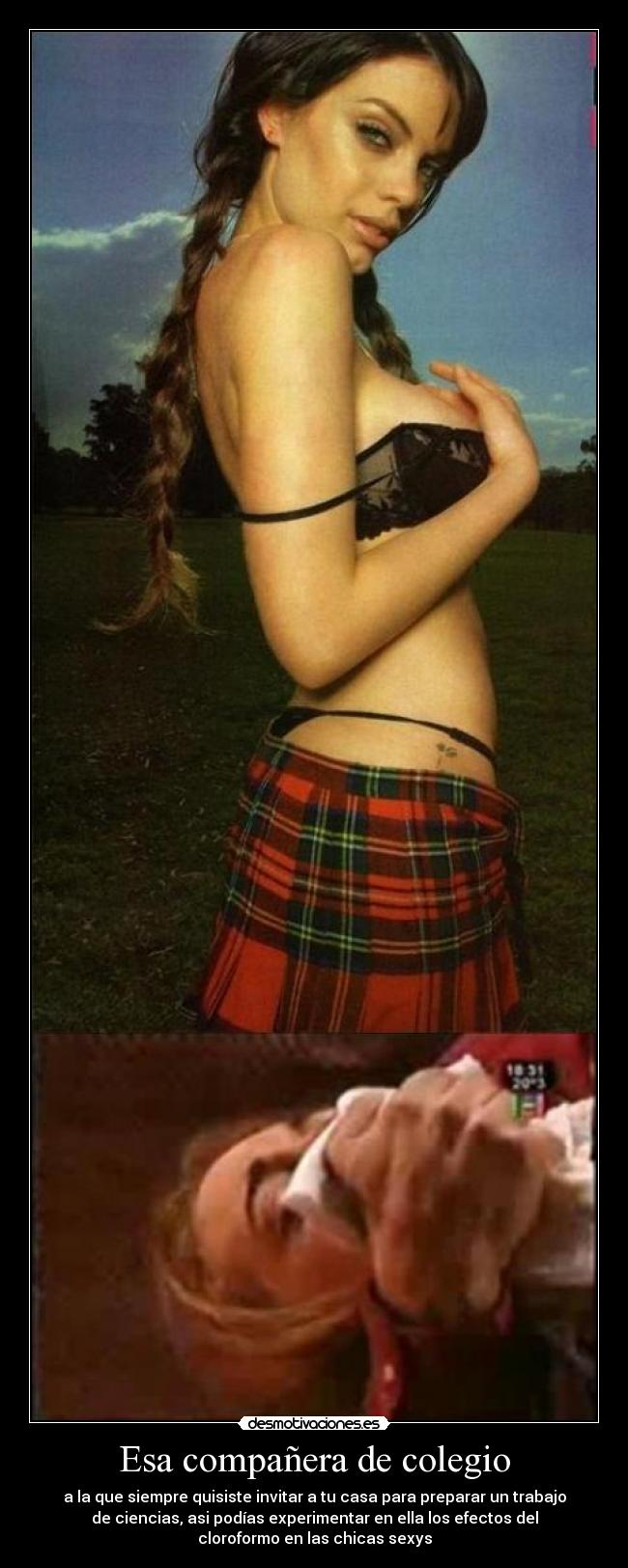Esa compañera de colegio - a la que siempre quisiste invitar a tu casa para preparar un trabajo
de ciencias, asi podías experimentar en ella los efectos del
cloroformo en las chicas sexys