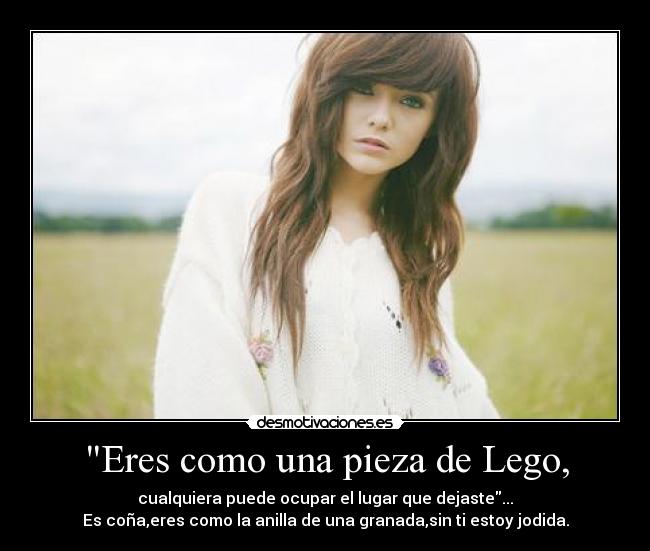 Eres como una pieza de Lego, - cualquiera puede ocupar el lugar que dejaste...
Es coña,eres como la anilla de una granada,sin ti estoy jodida.