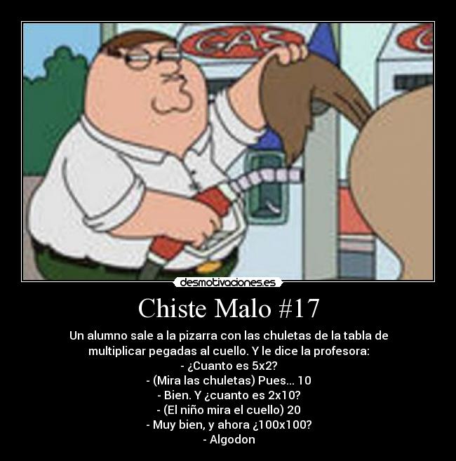 Chiste Malo #17 - Un alumno sale a la pizarra con las chuletas de la tabla de
multiplicar pegadas al cuello. Y le dice la profesora:
- ¿Cuanto es 5x2?
- (Mira las chuletas) Pues... 10
- Bien. Y ¿cuanto es 2x10?
- (El niño mira el cuello) 20
- Muy bien, y ahora ¿100x100?
- Algodon