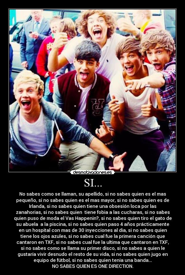 SI... - No sabes como se llaman, su apellido, si no sabes quien es el mas
pequeño, si no sabes quien es el mas mayor, si no sabes quien es de
Irlanda, si no sabes quien tiene una obsesión loca por las
zanahorias, si no sabes quien tiene fobia a las cucharas, si no sabes
quien puso de moda el Vas Happenin?, si no sabes quien tiro el gato de
su abuela a la piscina, si no sabes quien paso 4 años prácticamente
en un hospital con mas de 30 inyecciones al dia, si no sabes quien
tiene los ojos azules, si no sabes cual fue la primera canción que
cantaron en TXF, si no sabes cual fue la ultima que cantaron en TXF,
si no sabes como se llama su primer disco, si no sabes a quien le
gustaría vivir desnudo el resto de su vida, si no sabes quien jugo en
equipo de fútbol, si no sabes quien tenia una banda...
NO SABES QUIEN ES ONE DIRECTION.