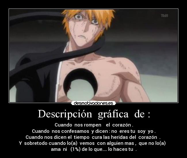 Descripción  gráfica  de : - Cuando  nos rompen    el  corazón .
Cuando  nos confesamos  y dicen : no  eres tu  soy  yo .
Cuando nos dicen el  tiempo  cura las heridas del  corazón  . 
Y  sobretodo cuando lo(a)  vemos  con alguien mas ,  que no lo(a)  
ama  ni   (1%) de lo que.... lo haces tu  .