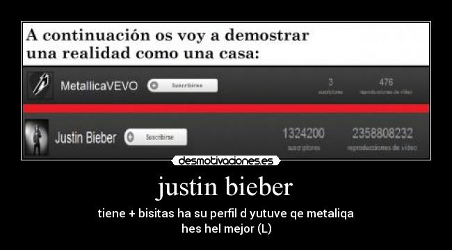 justin bieber - tiene + bisitas ha su perfil d yutuve qe metaliqa
hes hel mejor (L)