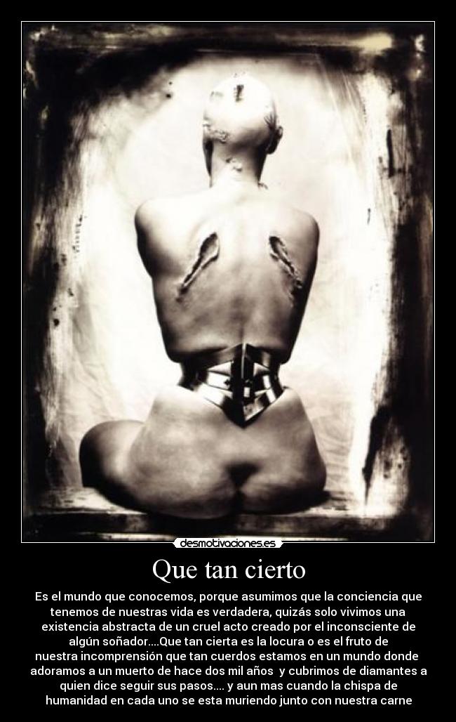 Que tan cierto - Es el mundo que conocemos, porque asumimos que la conciencia que
tenemos de nuestras vida es verdadera, quizás solo vivimos una
existencia abstracta de un cruel acto creado por el inconsciente de
algún soñador....Que tan cierta es la locura o es el fruto de
nuestra incomprensión que tan cuerdos estamos en un mundo donde
adoramos a un muerto de hace dos mil años y cubrimos de diamantes a
quien dice seguir sus pasos.... y aun mas cuando la chispa de
humanidad en cada uno se esta muriendo junto con nuestra carne