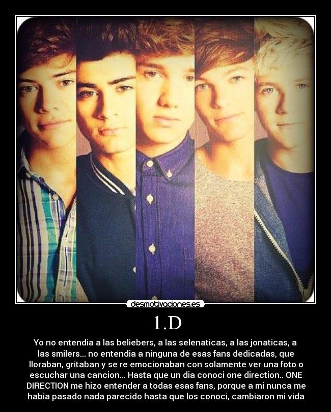 1.D - Yo no entendia a las beliebers, a las selenaticas, a las jonaticas, a
las smilers... no entendia a ninguna de esas fans dedicadas, que
lloraban, gritaban y se re emocionaban con solamente ver una foto o
escuchar una cancion... Hasta que un dia conoci one direction.. ONE
DIRECTION me hizo entender a todas esas fans, porque a mi nunca me
habia pasado nada parecido hasta que los conoci, cambiaron mi vida