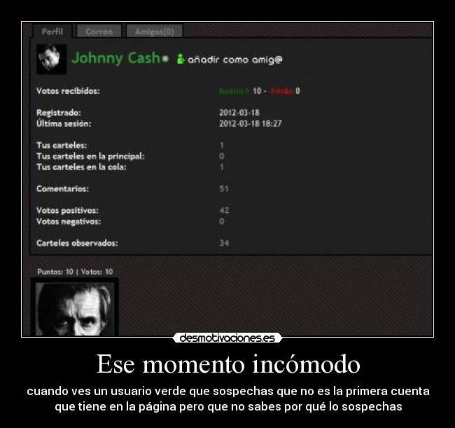 Ese momento incómodo - cuando ves un usuario verde que sospechas que no es la primera cuenta
que tiene en la página pero que no sabes por qué lo sospechas