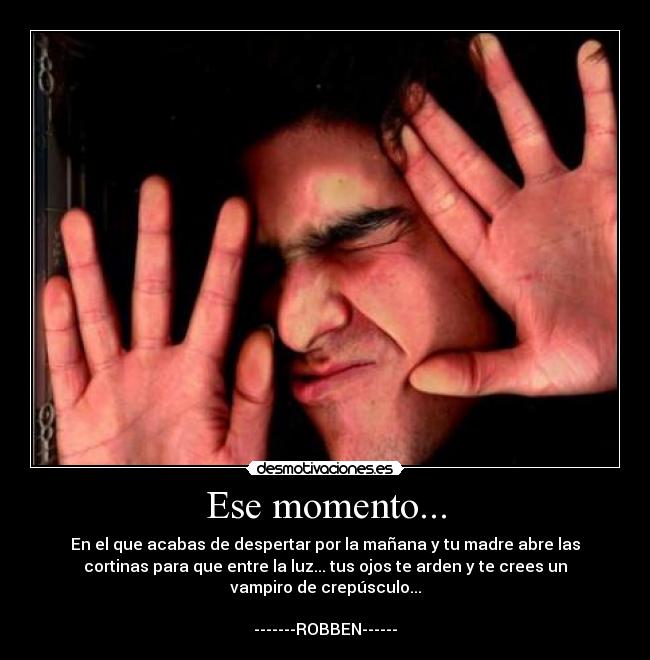 Ese momento... - En el que acabas de despertar por la mañana y tu madre abre las
cortinas para que entre la luz... tus ojos te arden y te crees un
vampiro de crepúsculo...
-------ROBBEN------