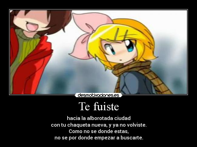 Te fuiste - hacia la alborotada ciudad
con tu chaqueta nueva, y ya no volviste.
Como no se donde estas,
no se por donde empezar a buscarte.